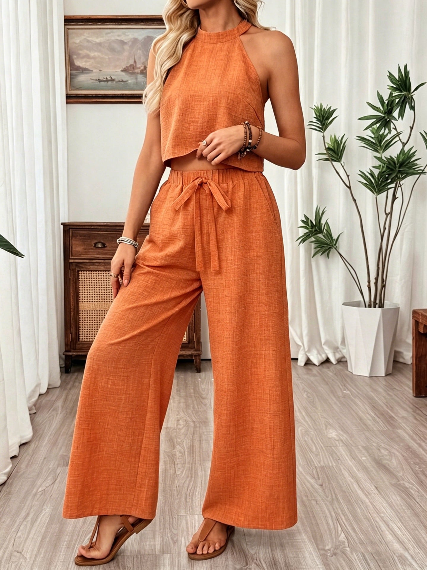 Women's Halter Neck Cropped Top & Wide-Leg Pants Two-Piece Set FitiqueFit
