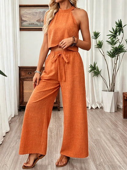 Women's Halter Neck Cropped Top & Wide-Leg Pants Two-Piece Set FitiqueFit