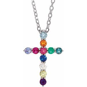 14K White Natural Multi-Gemstone & .03 CT Natural Diamond Cross 16-18" Necklace Ethereal Legacy Boutiques
