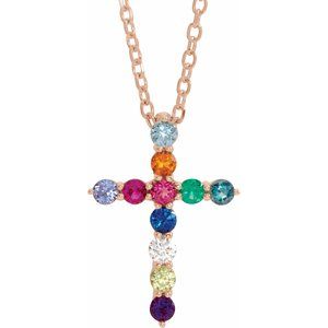 14K Rose Natural Multi-Gemstone & .03 CT Natural Diamond Cross 16-18" Necklace Ethereal Legacy Boutiques