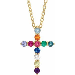14K Yellow Natural Multi-Gemstone & .03 CT Natural Diamond Cross 16-18" Necklace Ethereal Legacy Boutiques