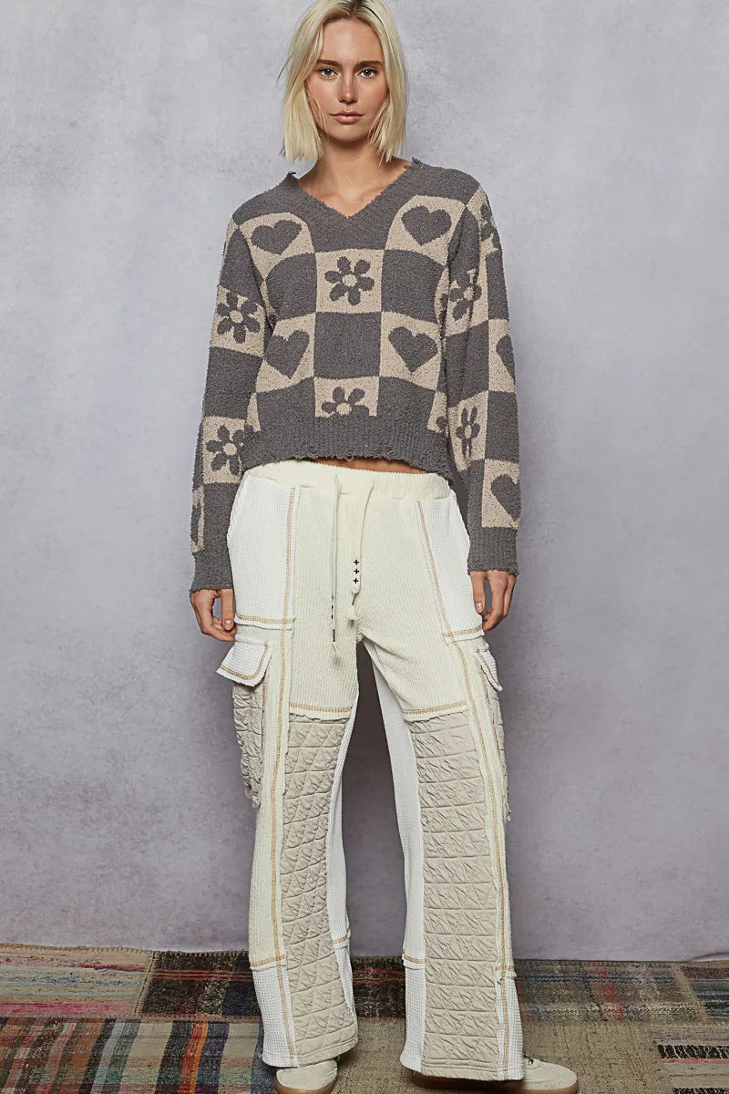 POL V-Neck Heart Pattern Checkered Sweater West2East Surf