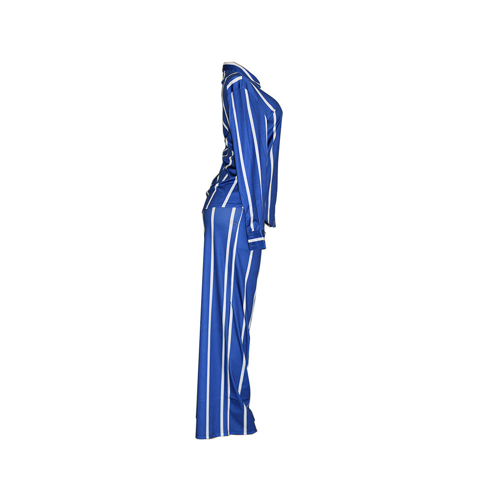 Women's Striped Print Two-piece Set - Button Front Collar Long Sleeve Shirt & High Waist Wide Leg Loose Pants Set - Casual Style - For Women - Perfect for Everyday Wear & Loungewear - Great Gift for Fashionable Women NovaCart