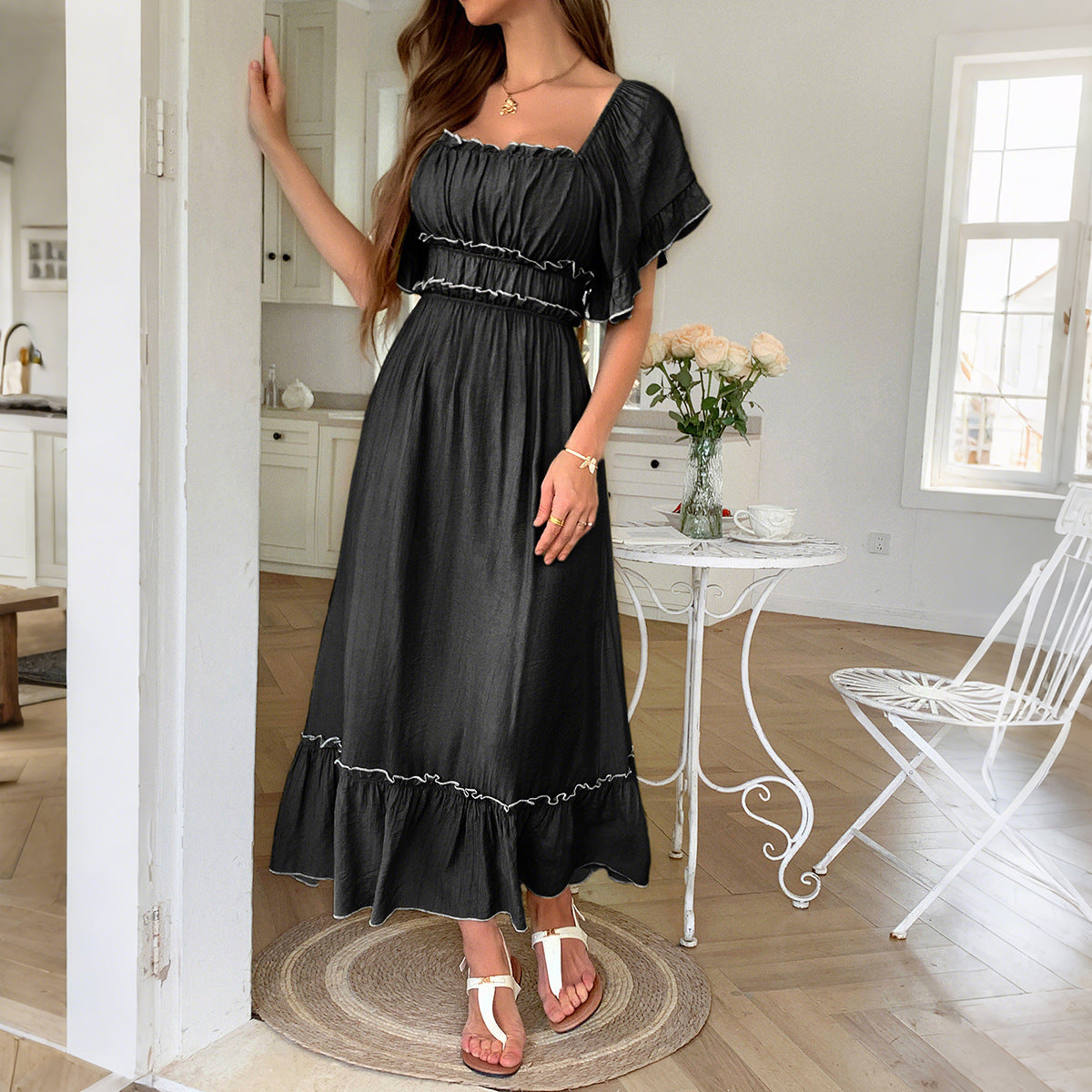 Leisure Vacation Style Stringy Selvedge Short Sleeve Dress Grayceful LLC