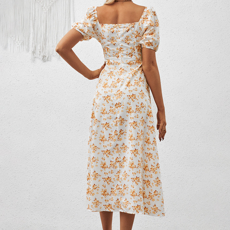 Square Neck Floral Print Dress With Puff Sleeves & Side Slit Maxi Dress FitiqueFit