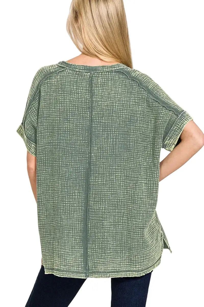 Zenana Acid Washed Double Gauze V-Neck Tee West2East Surf