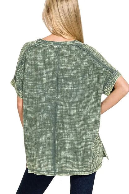 Zenana Acid Washed Double Gauze V-Neck Tee West2East Surf