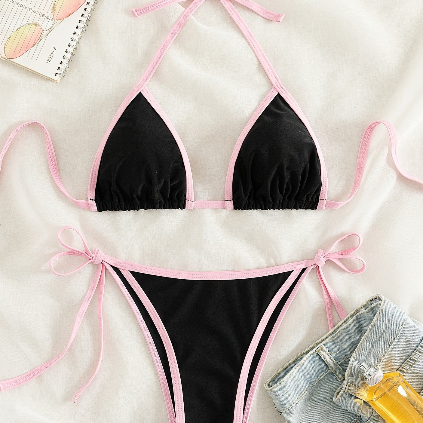 Contrast Trim Tie Side 2 Piece Bikini Swimsuit, Triangle Halter Tie Back Neck Stretchy Beachwear, Cute & Sexy, Women's Swimwear & Clothing NovaCart