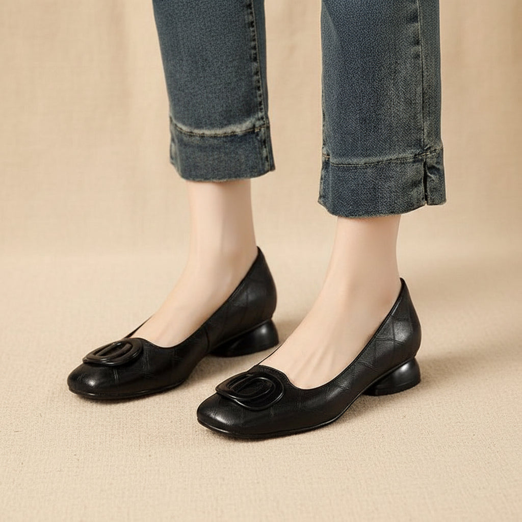 Women's French Vintage Round Toe Slip-On Flats – Low Chunky Heel Mary Jane Style FitiqueFit