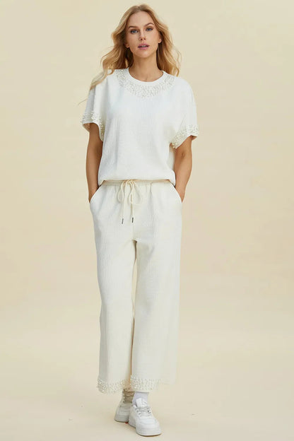 Double Take Full Size Pearl Detail Round Neck Top and Pants Set West2East Surf