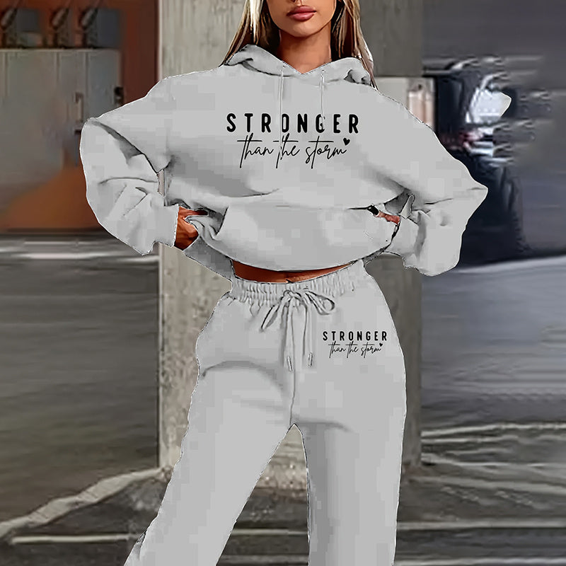 Women's Solid 2-Piece Set Letter Print Hoodie With Pocket FitiqueFit