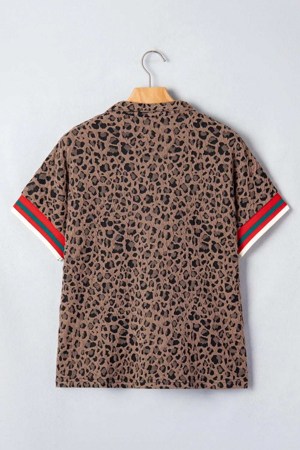 Leopard Jacquard Striped Patchwork Half Zip Short Sleeve Blouse New Era Fashion LLc