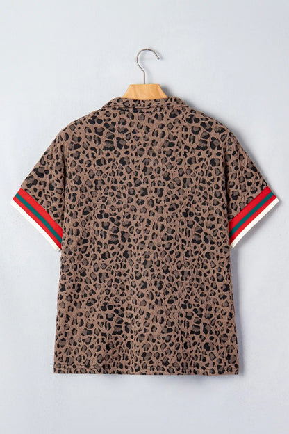 Leopard Jacquard Striped Patchwork Half Zip Short Sleeve Blouse New Era Fashion LLc