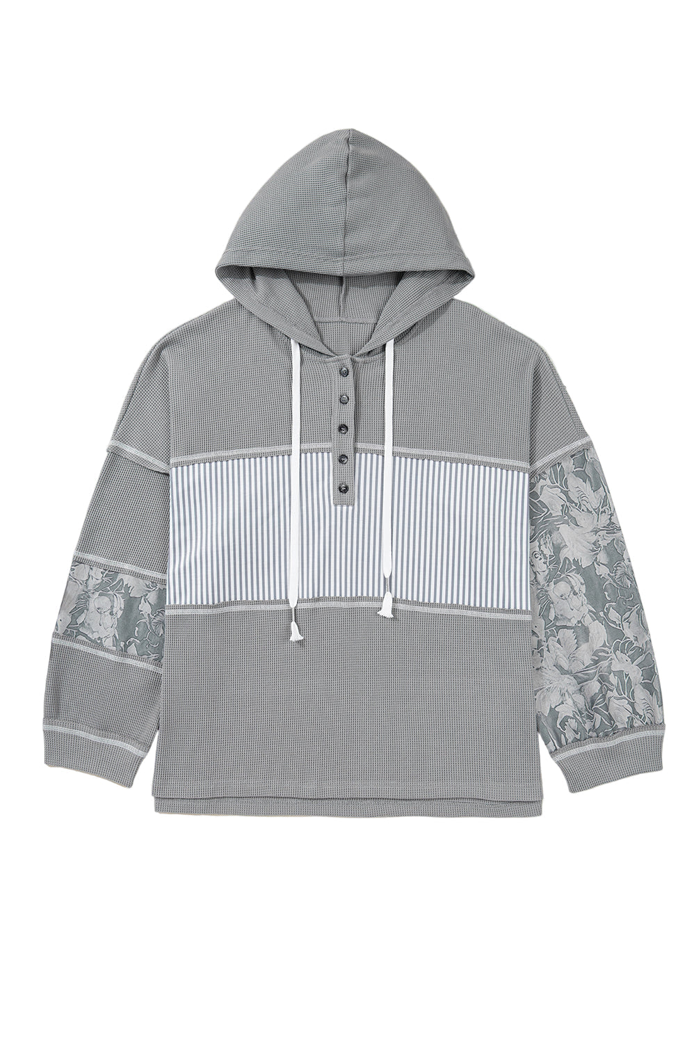 Gray Mixed Waffle Knit Patchwork Henley Plus Size Hoodie Garden Naked Curves