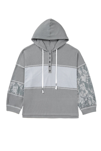 Gray Mixed Waffle Knit Patchwork Henley Plus Size Hoodie Garden Naked Curves