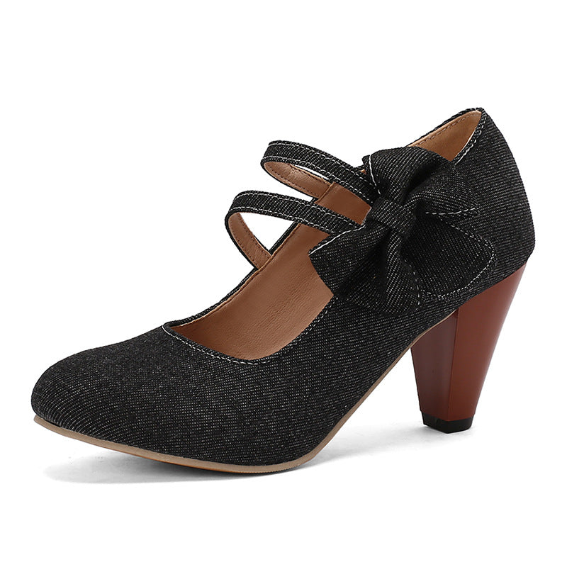Round Toe High Heels Denim Bow See size chart under “more details” The Fashion Celestial
