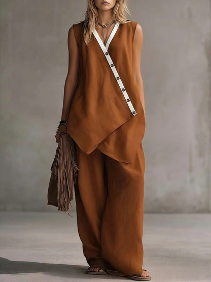 Women's Boho V-Neck Button Vest & Wide-Leg Pants Set FitiqueFit