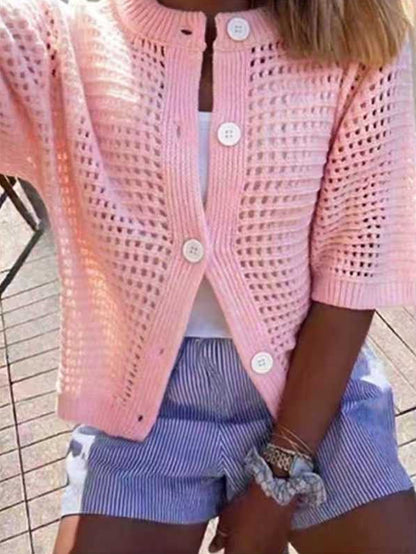 Women's Hollow-Out Knit Cardigan – Open Front, Short Sleeve, Solid Color FitiqueFit