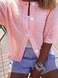 Women's Hollow-Out Knit Cardigan – Open Front, Short Sleeve, Solid Color FitiqueFit
