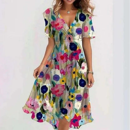 Floral Print A-Line Dress – V-Neck Short Sleeve Midi Dress FitiqueFit