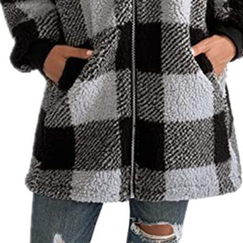 Plaid Hooded Zip-Up Oversized Jacket — Women’s Winter Commute Coat FitiqueFit