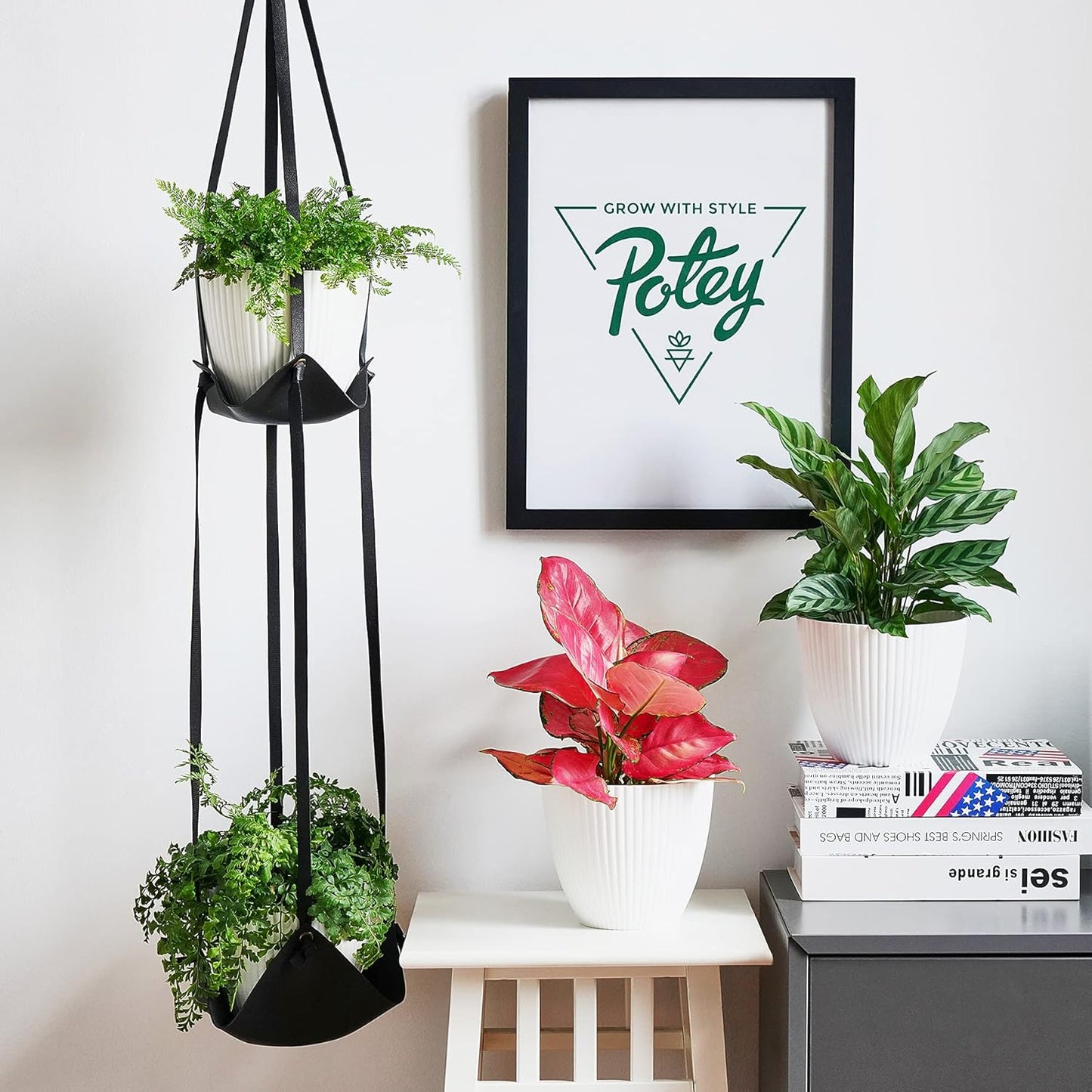Leather Plant Hanger with Pot Included - Hanging Planters Basket with Plastic Planter 6'' (1 Adjustable Plant Hangers and 2 Pots) Hanging Plant Holder for Home Decor 42'',Black