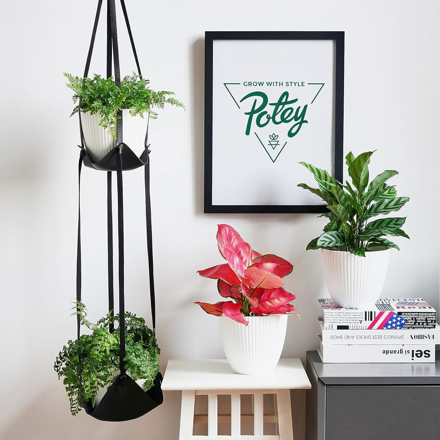 Leather Plant Hanger with Pot Included - Hanging Planters Basket with Plastic Planter 6'' (1 Adjustable Plant Hangers and 2 Pots) Hanging Plant Holder for Home Decor 42'',Black