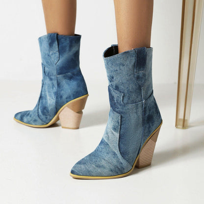 Cowgirl Chic High Heel Ankle Boots - Trendy Denim and Leather Boots for Women Country in My Heart
