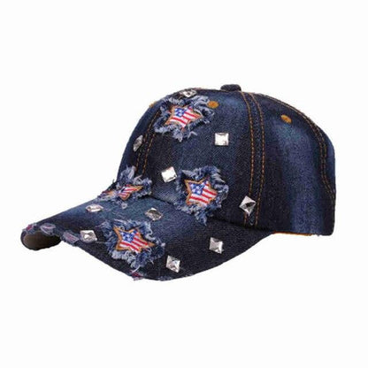 American Flag Distressed Denim Baseball Cap Country in My Heart