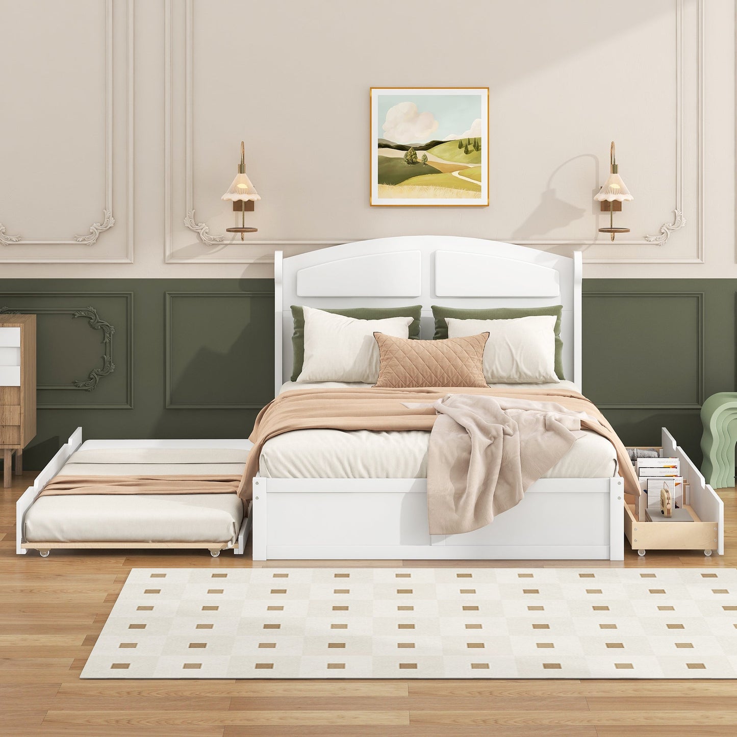 Wood Queen Size Platform Bed with Twin Size Trundle and 2 Drawers White
