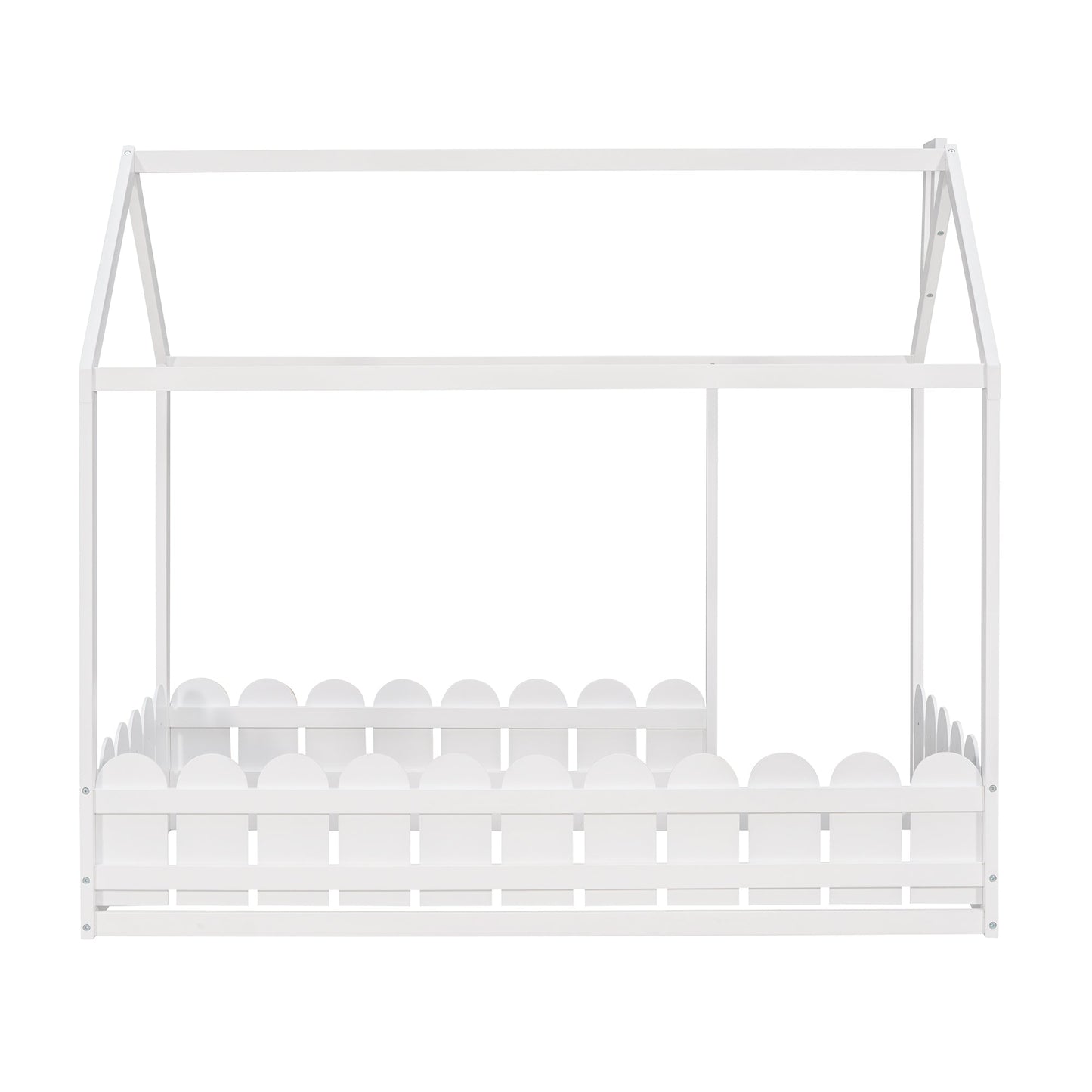 {Slats are not included}Twin Size Wood Bed House Bed Frame with Fence for KidsTeens Girls Boys {White}