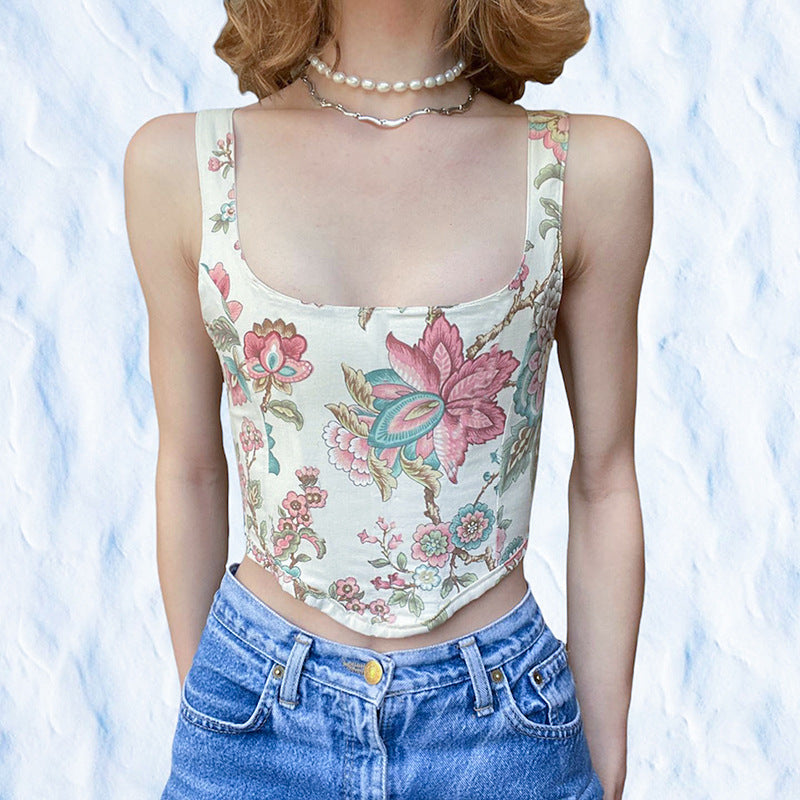 Floral Lace-Up Back Vest Top Country in My Heart