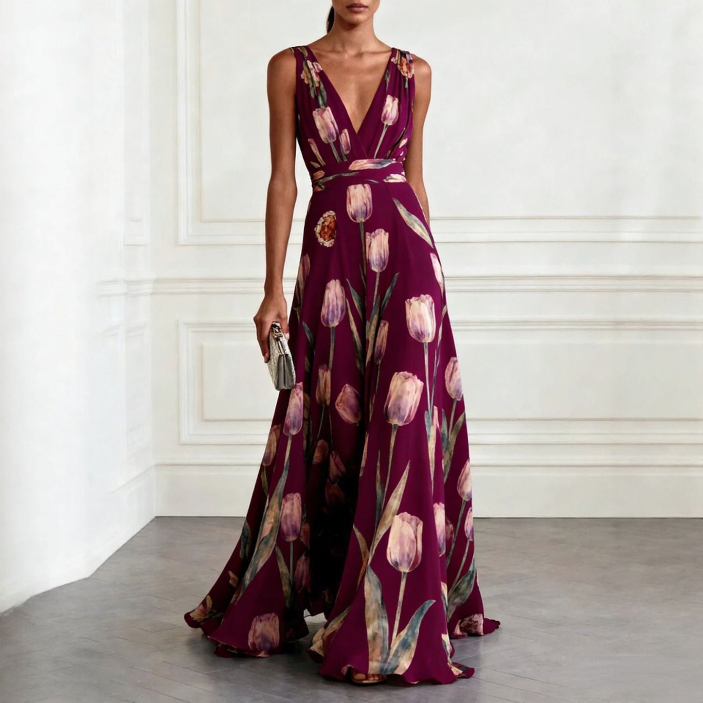 Women's Tulip Print Sleeveless Deep V-Neck A-Line Maxi Dress – 7 Colors FitiqueFit