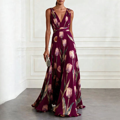Women's Tulip Print Sleeveless Deep V-Neck A-Line Maxi Dress – 7 Colors FitiqueFit