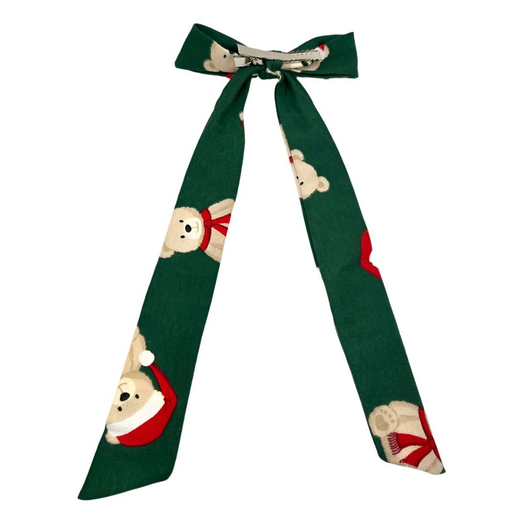 Teddy Bear Christmas Long Bow Enchanted Scrunch