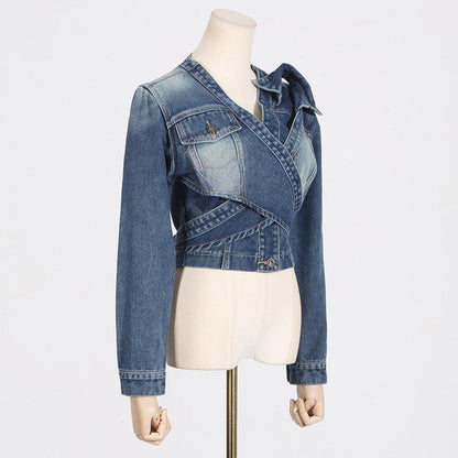 Women’s V-neck Cross Asymmetrical Lace-Up High-End Short Denim Jacket Country in My Heart