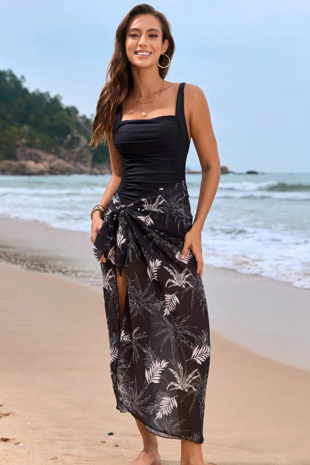 🌺 Square Neck Printed One-Piece Swimwear & Cover-Up Set FitiqueFit