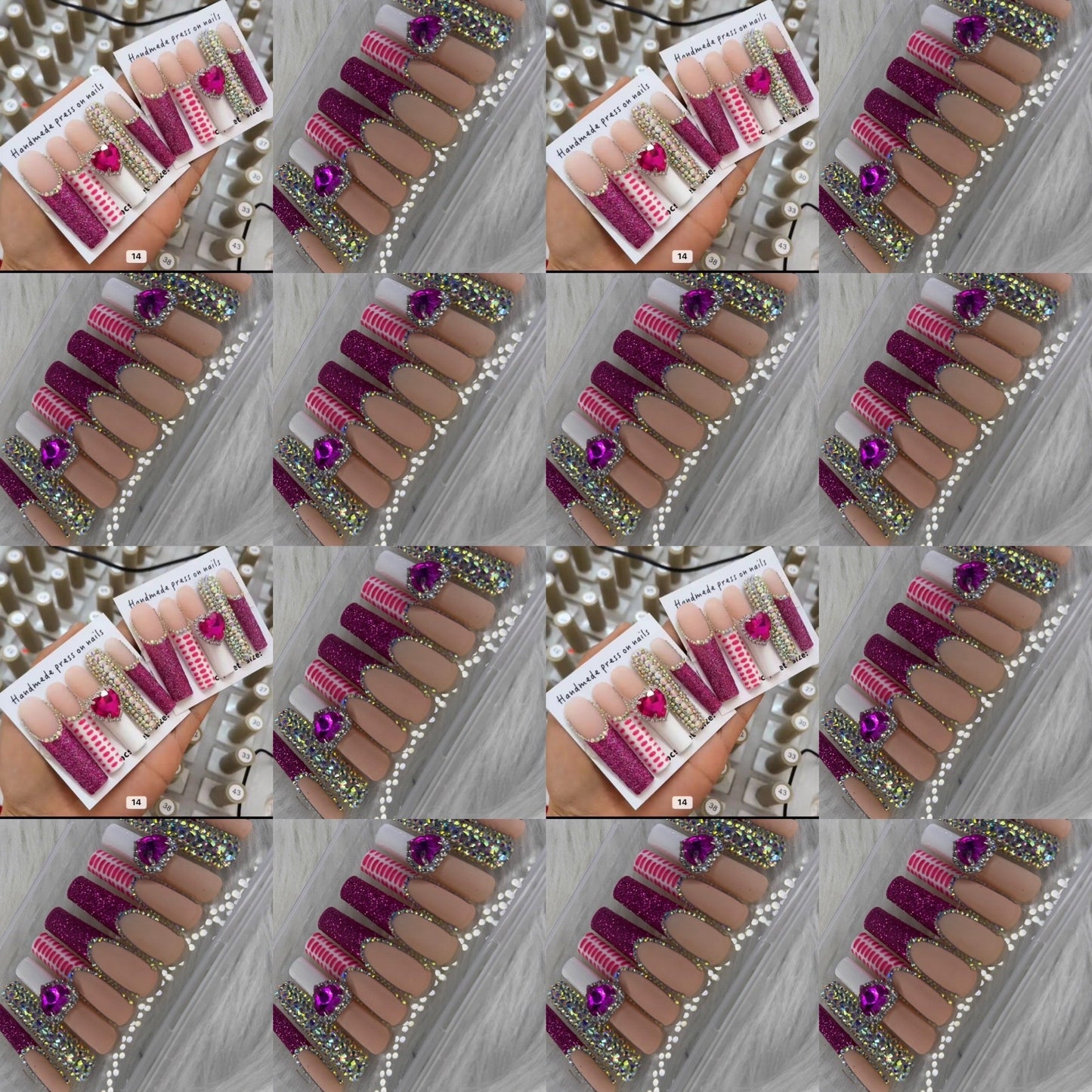 Pink long crystal press on nails HOL stores
