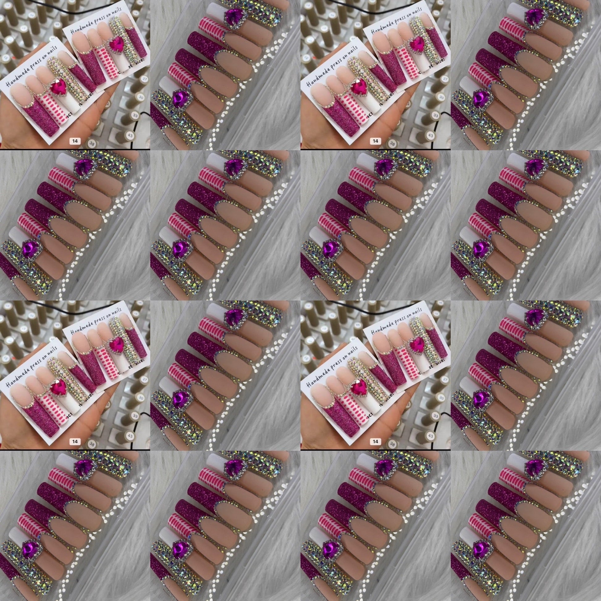 Pink long crystal press on nails HOL stores