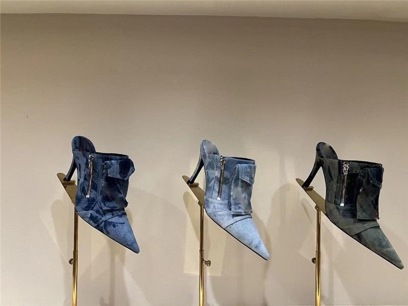 Women Pocket Denim Pointed Toe Heeled Ankle Boots Country in My Heart