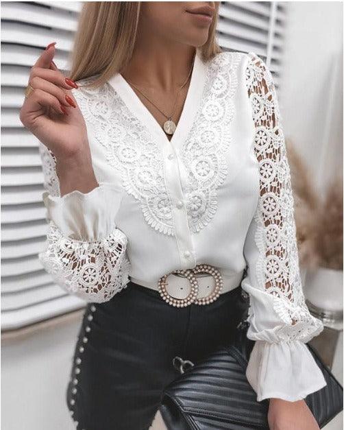 Stylish White Lace Long Sleeved Cut Out Shirt Country in My Heart