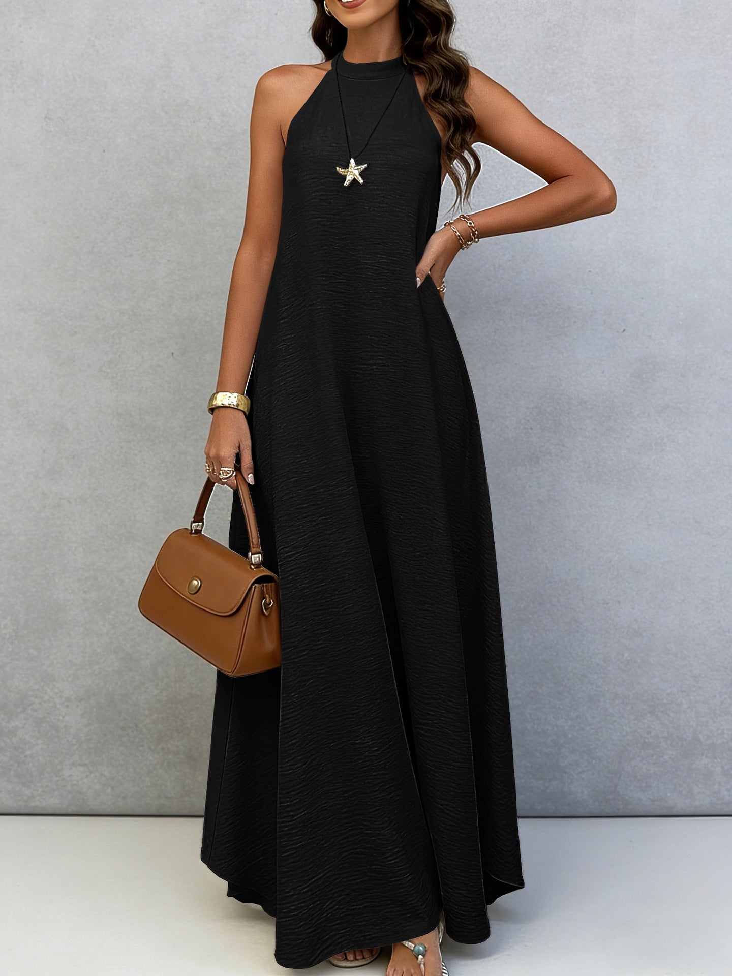 Women's Ice Silk Crinkle Sleeveless Swing Maxi Dress FitiqueFit