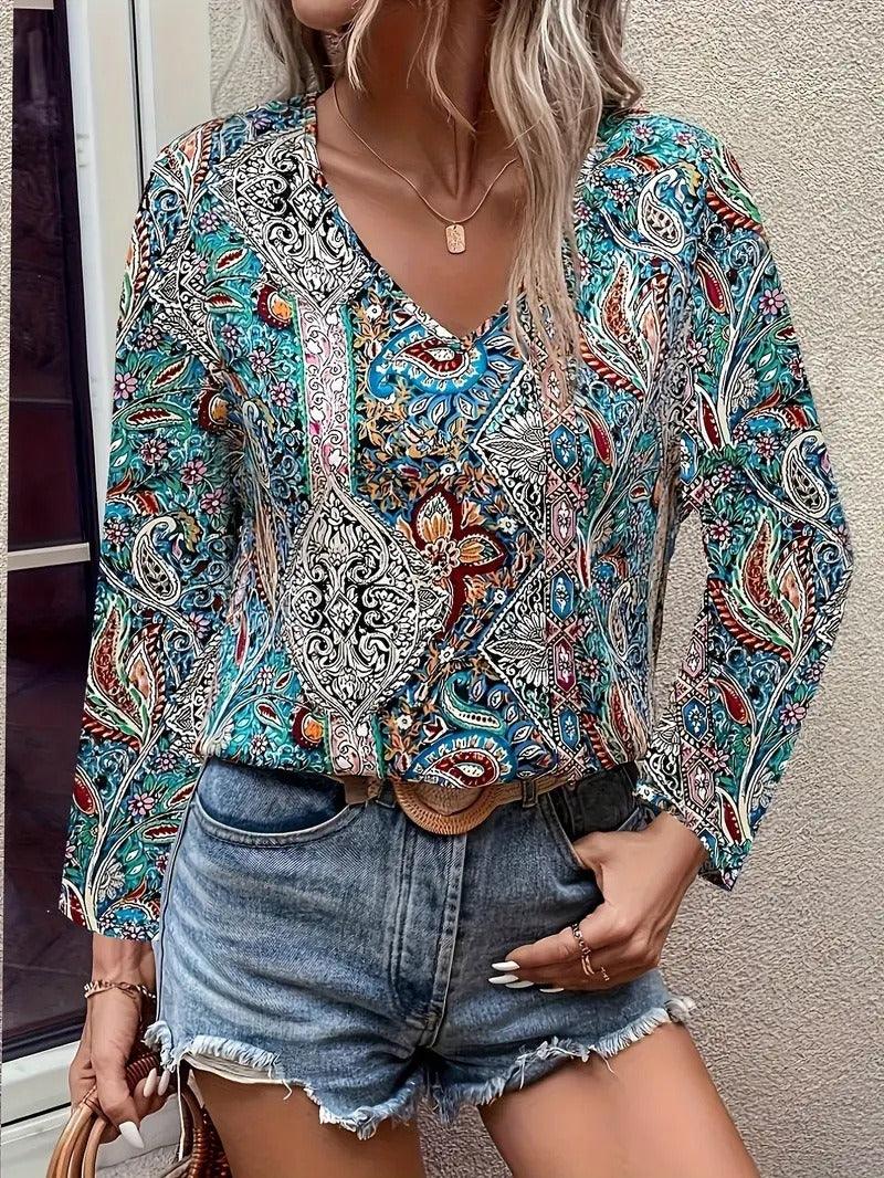 Boho Paisley V-Neck Long Sleeved Shirt Country in My Heart