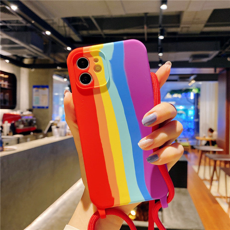 Mobile Phone Cover Apple 13pro Rainbow Lanyard Silicone Cover Suitable For 11pro All-Inclusive Anti-Fall Case