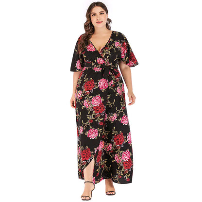 Bohemian V-Neck Short Sleeve Beach Dress with Slit