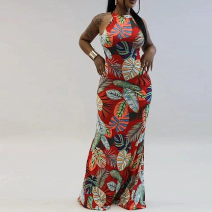 Women's Printed Sleeveless Round Neck Dress with Back Detail