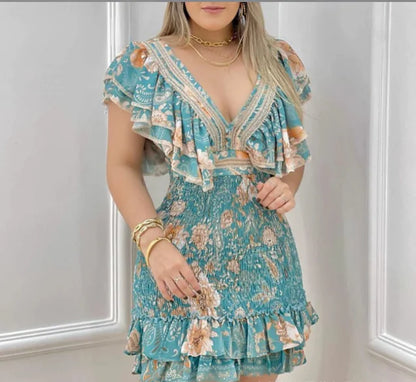 European Style Floral V-Neck Ruffle Dress