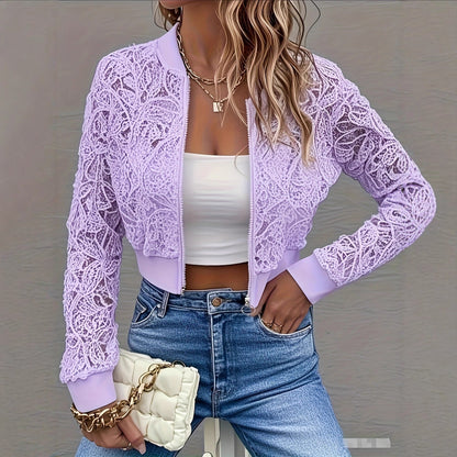 Women's Elegant Lace Short Zip-Up Long Sleeve Jacket Spring Fall Top FitiqueFit