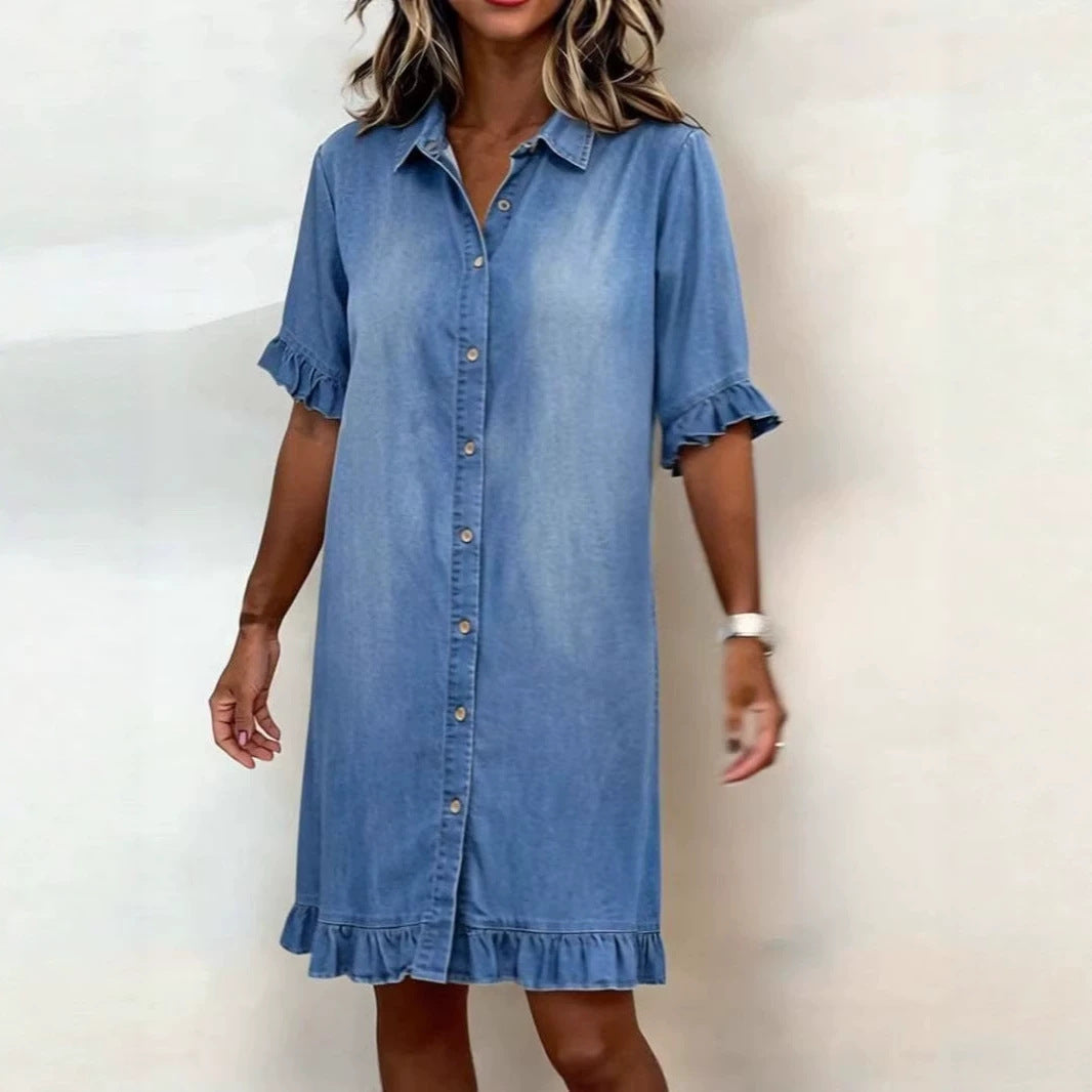 Women's Faux Denim Ruffle-Sleeve Shirt Dress FitiqueFit