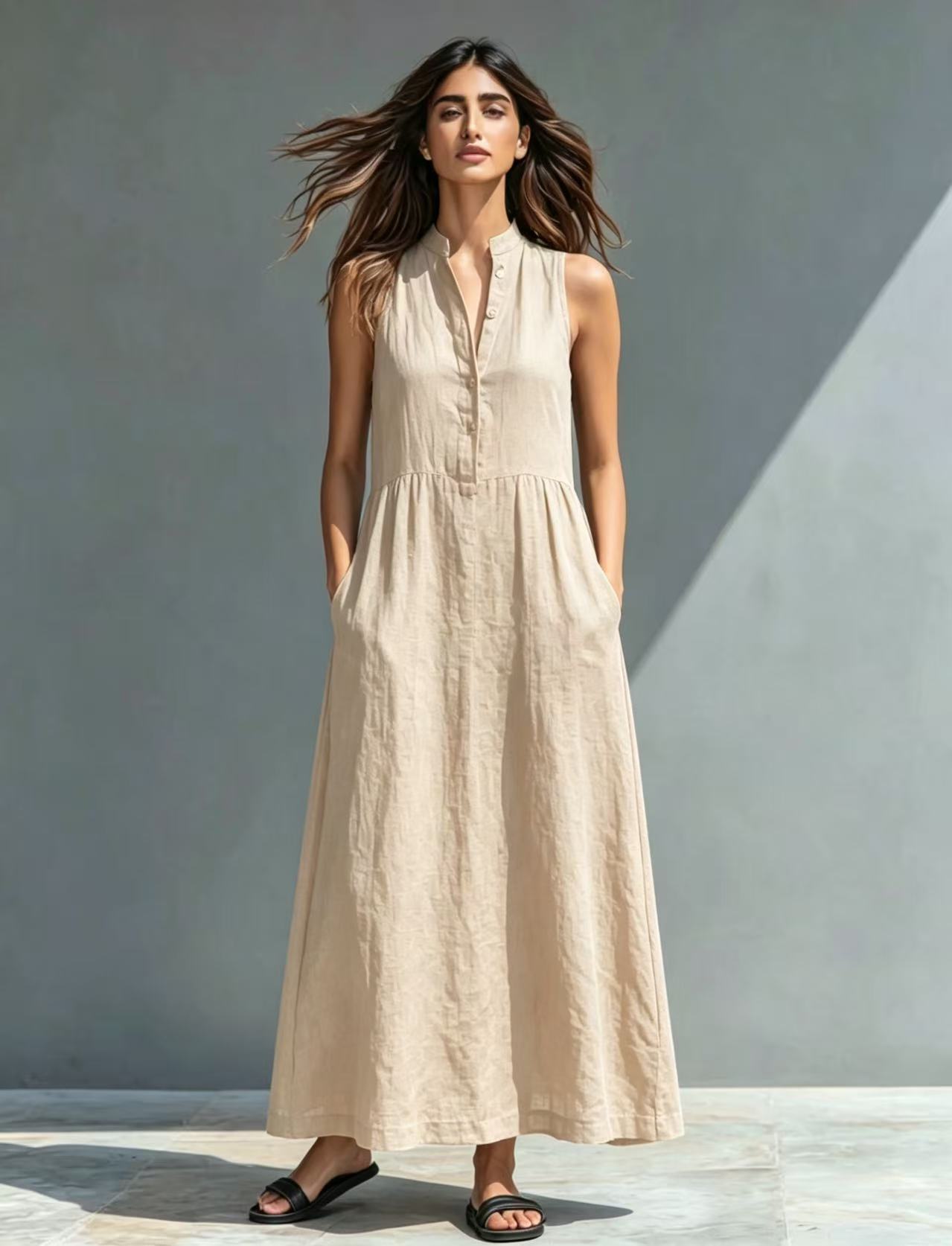 Women's Stand-Collar A-Line Maxi Dress – Resort & Vacation Style FitiqueFit